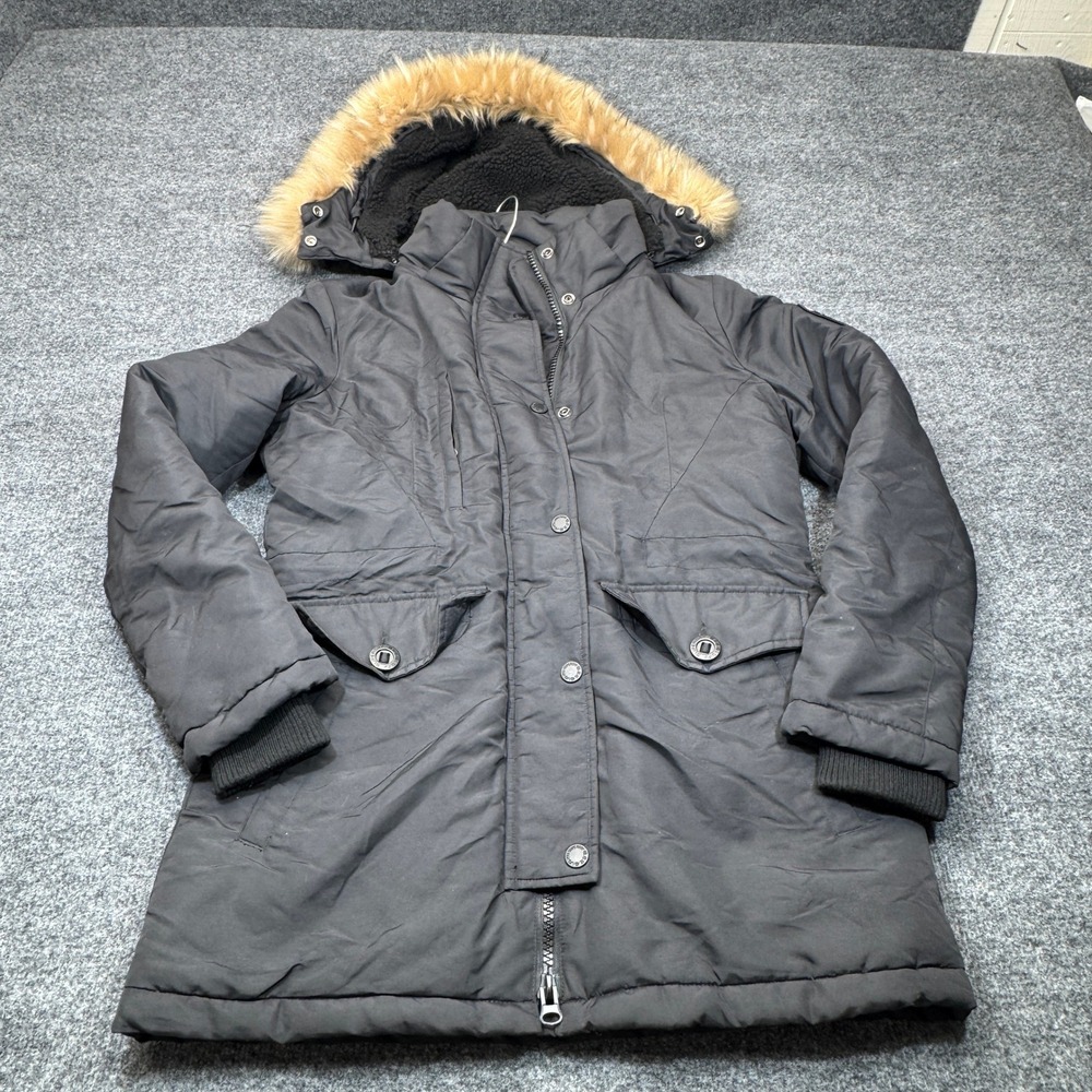 Superdry Everest Parka Jacket Womens 6 Black Faux Fur Hooded Full Zip Coat Japan